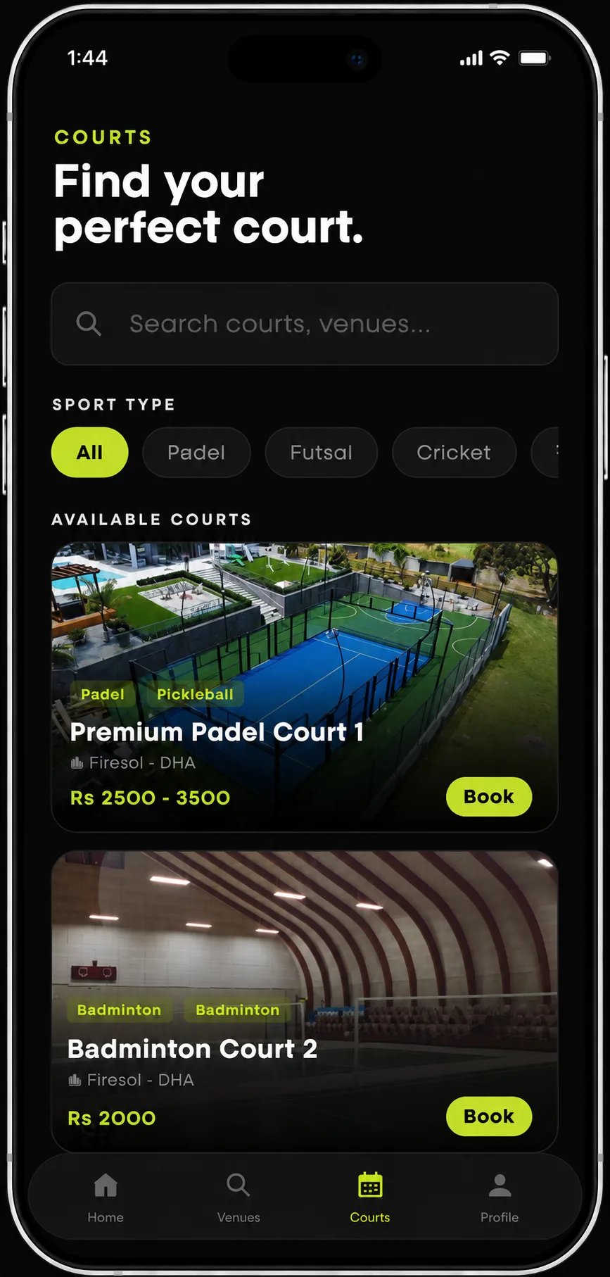 Player courts app screen