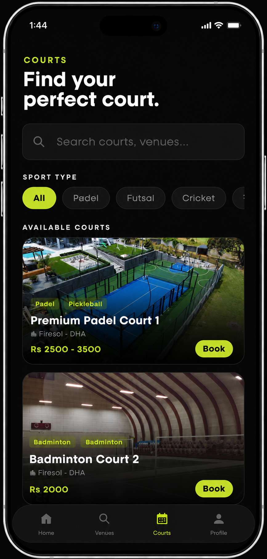 Player courts app screen